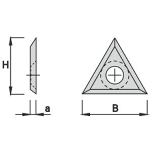 Technical drawing of triangular carbide insert 22 × 20 × 2 mm with 30-degree bevel