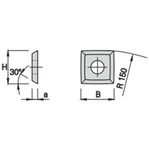 Drawing of 15 × 15 × 2.5 mm carbide insert with 30-degree bevel and R150 corner radius